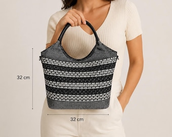 Boho Crochet Shoulder Bag Combo with Vegan Leather, Knitted Summer Beach Tote, Handmade Woven Tote Bag, Gift for Her