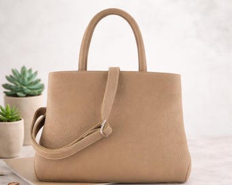 Beige Leather Handbag, Elegant Crossbody Woman Bag, Casual Top Handle