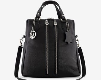 Black Leather Convertible Backpack, Crossbody, Shoulder Bag