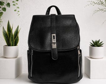 Eco Leather Black Backpack – Women's Vegan Bag with Zipper Pockets