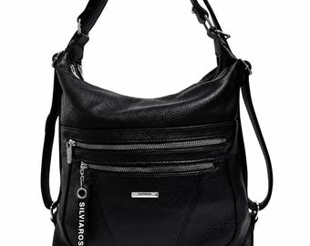 Black Vegan Leather Convertible Backpack, Shoulder Bag, Crossbody 2 in 1 Womens Handbag, Gift for Her