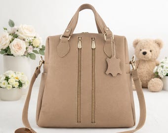 Beige Leather Convertible Bag, Backpack, Crossbody, Shoulder Bag