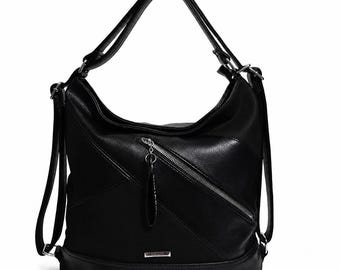 Black Vegan Leather Convertible Backpack, Shoulder Bag, Crossbody 2 in 1 Womens Handbag, Gift for Her
