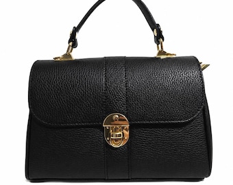 Black Leather Top Handle Bag | Mini Crossbody Business Purse with Gold Clasp