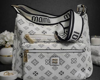 White Pattern Vegan Leather Hobo Purse, Minimalist Everyday Zipper Handbag