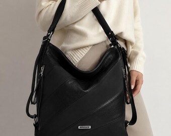 Black Faux Leather Convertible Backpack, Shoulder Bag, Crossbody 2 in 1 Womens Handbag, Gift for Her