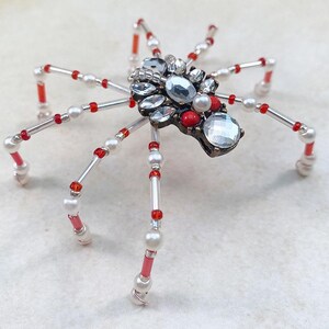 Spider Figurine, Ornament Holiday Gift, Unique, OOAK, Handmade, Jewel Rhinestone, Halloween, Red, Silver, Christmas, Crystal