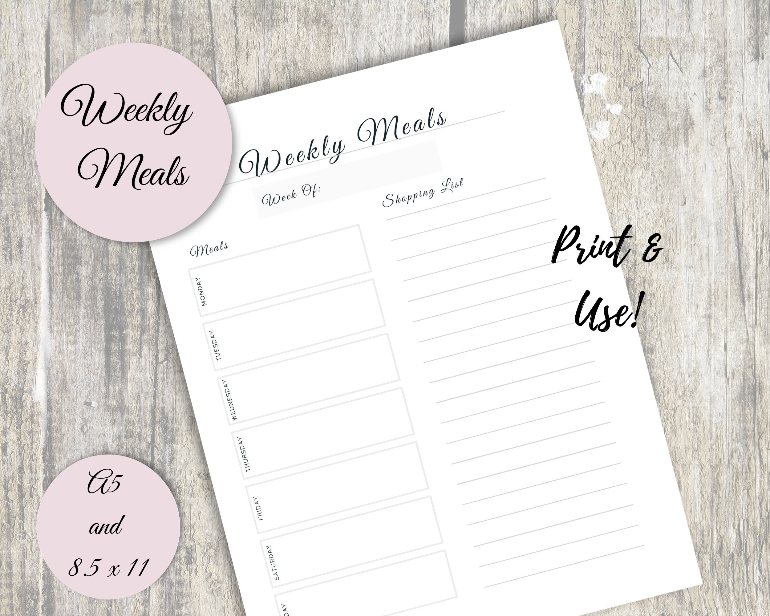 Meal Planner Printable, Instant Download, A5 & 8.5 X 11 U.S Letter Size ...