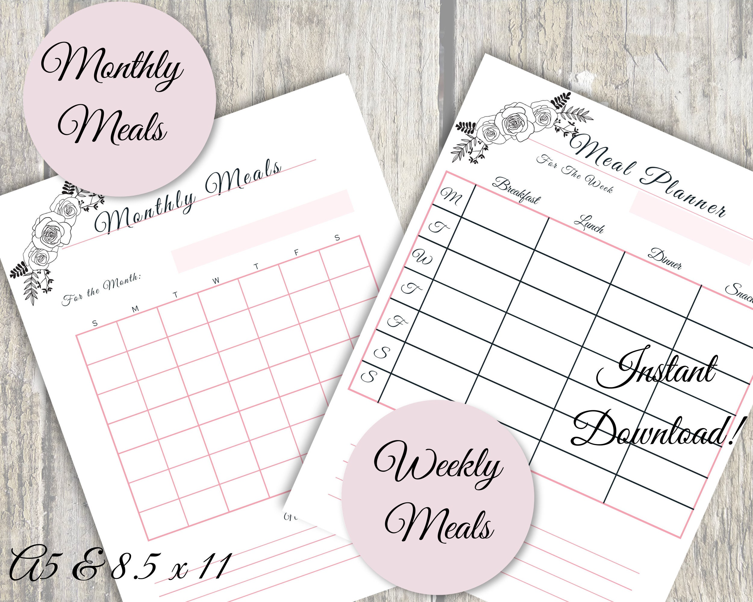 Meal Planner Printable, Instant Download, A5 & 8.5 X 11 U.S Letter Size ...