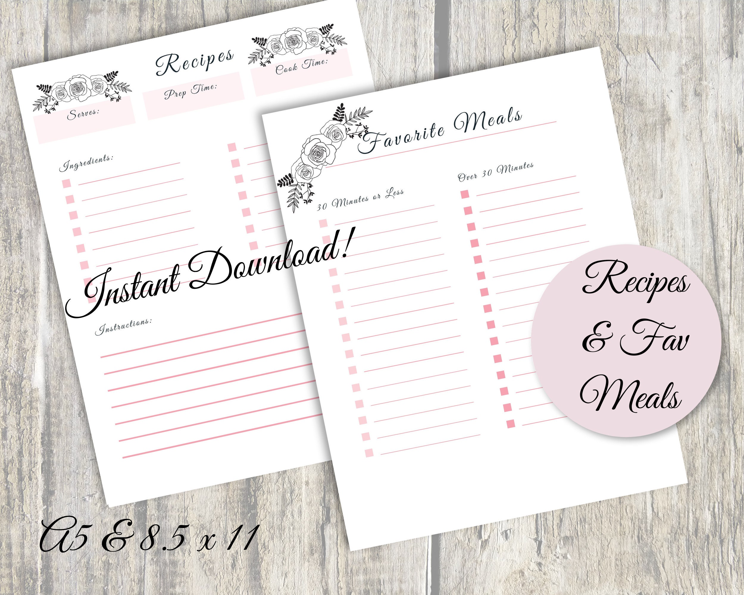 Meal Planner Printable, Instant Download, A5 & 8.5 X 11 U.S Letter Size ...