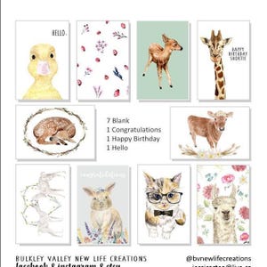 Collezione di biglietti per bambini, biglietti acquerellati per bambini, set da 10 biglietti, biglietti di auguri per bambini, buste incluse, coniglietto, anatra, lama