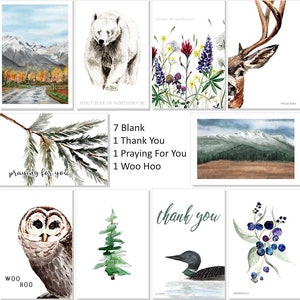 Collezione Northern, Carte Acquerello Neutre, Set da 10 Carte, Biglietti d'Auguri, Gufo, Cervo, Albero, Montagna, Fiori
