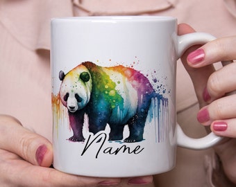 Personalisierte Tasse mit Pandas und Wunschnamen | Wunschtasse | Geschenkidee | Rainbow Panda | Aquarell Regenbogen