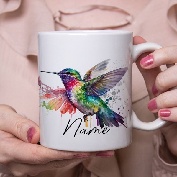 Personalisierte Tasse mit Kolibris und Wunschnamen | Wunschtasse | Geschenkidee | Rainbow Hummingbird | Aquarell Regenbogen