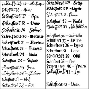 May include: A black and white image with a list of names written in different fonts. The names are listed in numerical order, starting with Schriftart 1 and ending with Schriftart 45. Each name is followed by a hyphen and the name of a person.