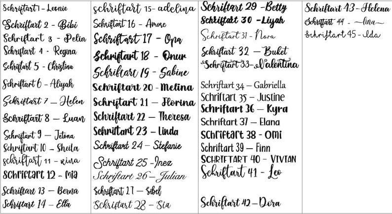 May include: A black and white image with a list of names written in different fonts. The names are listed in numerical order, starting with Schriftart 1 and ending with Schriftart 45. Each name is followed by a hyphen and the name of a person.