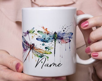Personalized mug with dragonflies and desired name | Wish mug | Gift idea | Rainbow Dragonfly | Watercolor rainbow