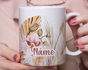 Personalisierte Tasse mit Trockenblumen und Wunschnamen | Wunschtasse | Geschenkidee | Pampasgras, Orchideen, Trockenblumen