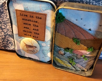 Altered Art Tin, miniature Coastal Textile Landscape, Handmade & Unique, 'Create a Simple Life'.