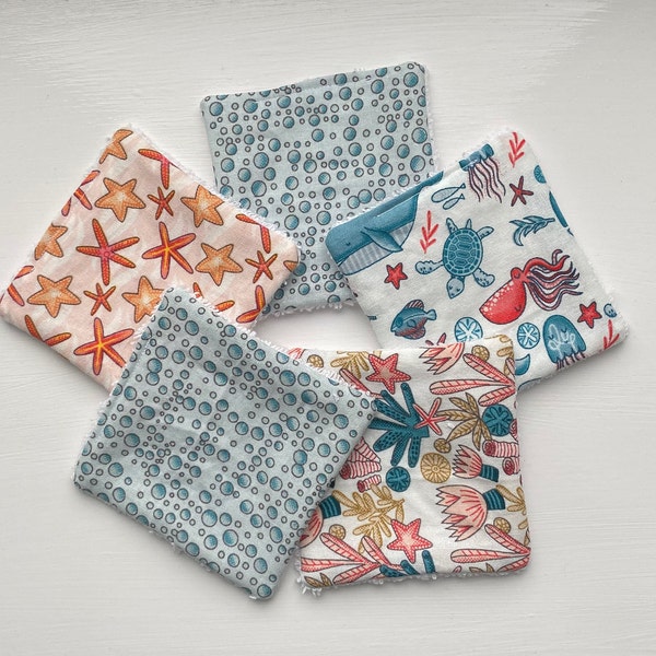Washable, Reusable Cotton Under The Sea Patterned Cleansing Face Wipes, Pack of 5 Make Up Remover Pads UK