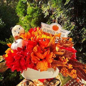 Hello Pumpkin Fall Wagon Arrangement, Artificial Flowers, Harvest Centerpiece, Fall Decor