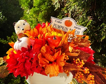 Hello Pumpkin Fall Wagon Arrangement, Artificial Flowers, Harvest Centerpiece, Fall Decor