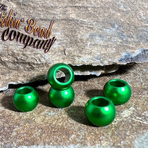 4mm Round Beads. Satin Finish. Green. Anodized Aluminum. 4mm Inside Diameter Hole, 5.5mm height. 7.5mm width at widest circumference.