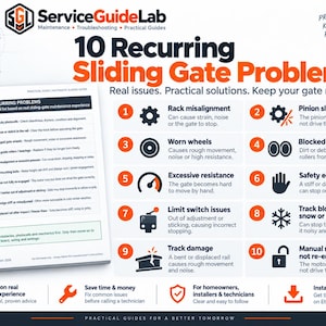 Può includere: Un'infografica informativa intitolata 10 Recurring Sliding Gate Problems di ServiceGuideLab. Elenca dieci problemi meccanici comuni come il disallineamento della cremagliera, lo slittamento del pignone e danni alla guida, accompagnati da icone e brevi descrizioni.