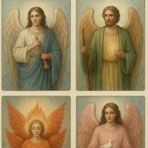 Puede incluir: Ocho ilustraciones rectangulares de ángeles con alas. Cada ángel se representa en una pose y vestimenta diferente, con variadas paletas de colores. Algunos sostienen objetos como una espada, una flauta o una paloma. La obra de arte tiene un estilo vintage y clásico.