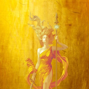 Pode incluir: Uma mulher com cabelos dourados e soltos segura uma lança com uma ponta em forma de estrela. Ela está vestindo um vestido amarelo e está em pé contra um fundo dourado.