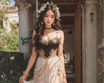 May include: A woman wearing a black and gold dress with a white sheer overlay. She is standing in front of a doorway with a floral wreath in her hair.
