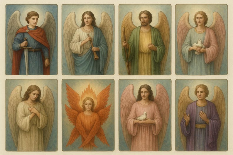 May include: Eight rectangular illustrations of angels with wings. Each angel is depicted in a different pose and attire, with varying color palettes. Some hold objects like a sword, a flute, or a dove. The artwork has a vintage, classical style.