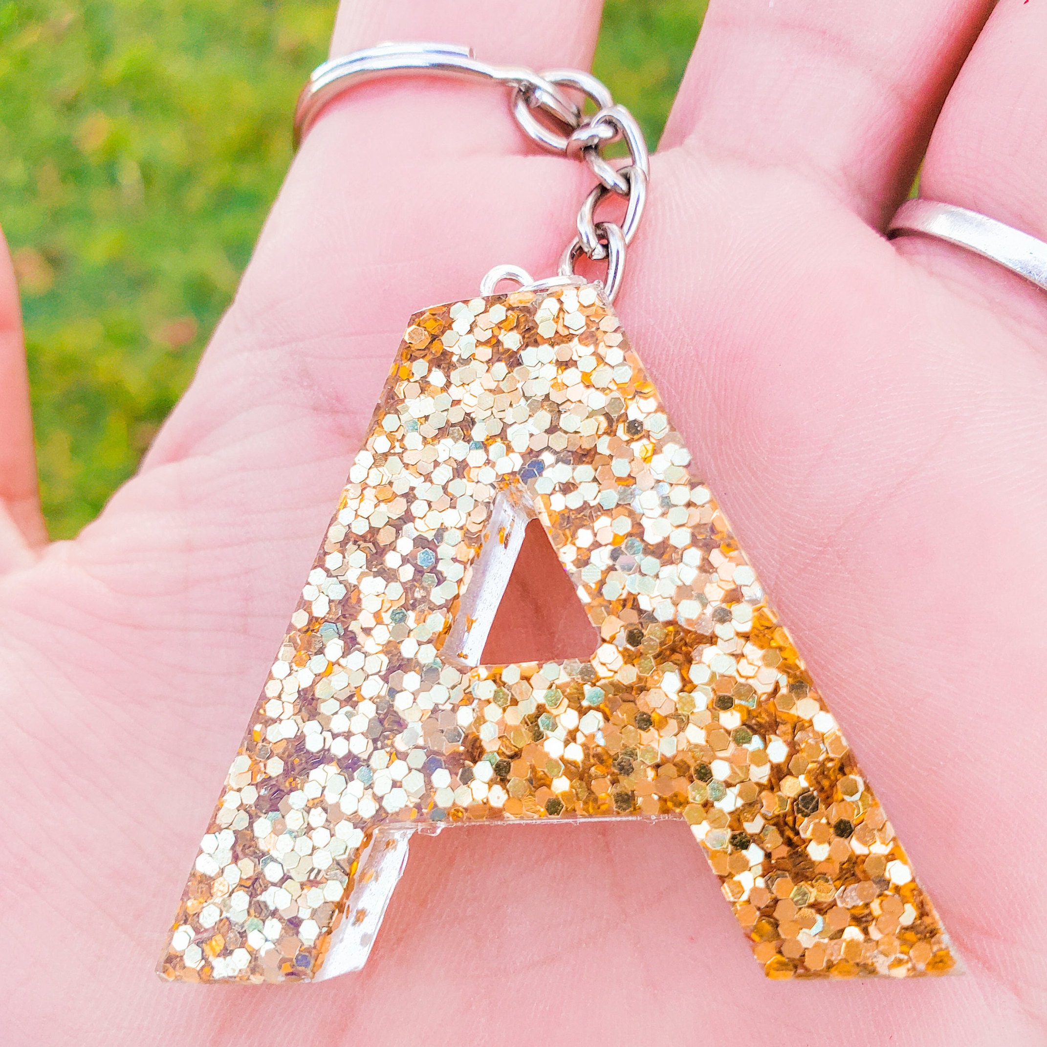 Gold Glitter Resin Keychain Custom Letter Keychain Resin Etsy