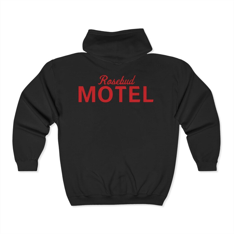 May include: Black hooded sweatshirt with the text "Rosebud Motel" in red on the back.