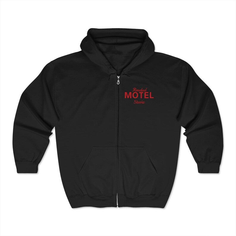 May include: Black zip-up hoodie with a red embroidered design that says "Roadside Motel" and "Steve".