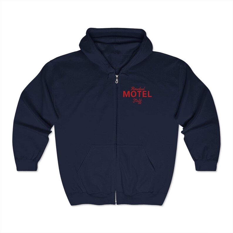May include: A navy blue zip-up hoodie with the text "Roadside Motel Staff" in red.