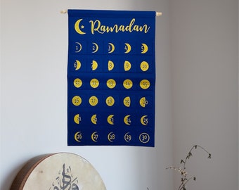 Calendrier du ramadan personnalisé 2024,Calendrier Mural Étoile Lune 1pc, Calendrier De L'Aïd Al-Fitr pour enfants