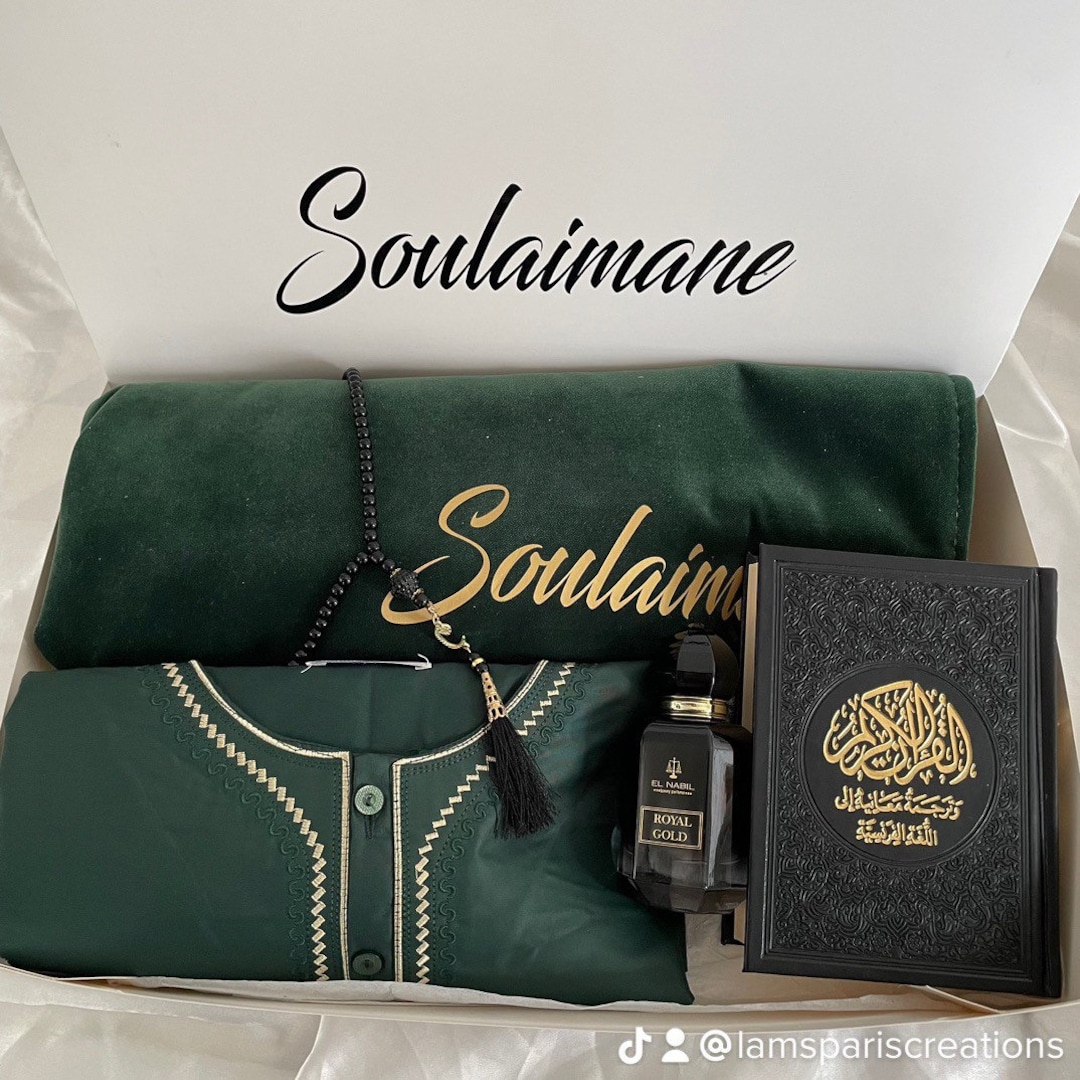 Coffret de prière personnalisé homme lCoffret cadeau musulman avec tapis de prière personnalisé