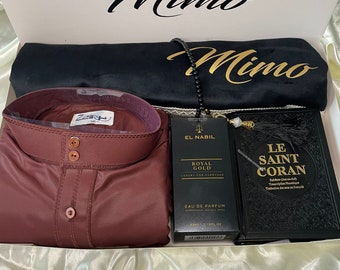 Coffret de prière personnalisé homme/ Coffret cadeau musulman avec tapis de prière personnalisé | chapelet | Qamis, musc  |  cadeau musulman