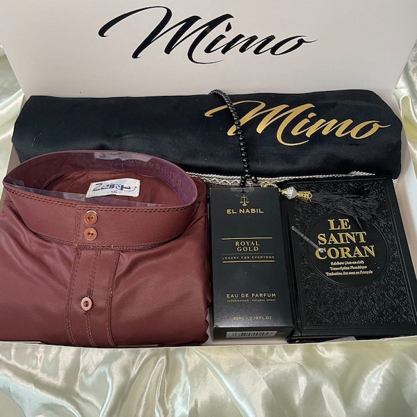 Coffret de prière personnalisé homme/ Coffret cadeau musulman avec tapis de prière personnalisé | chapelet | Qamis, musc  |  cadeau musulman