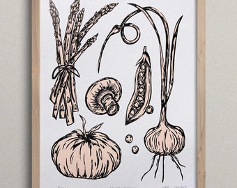 Farmers Market Vegetable Block Print: Limited Edition Kitchen Wall Art