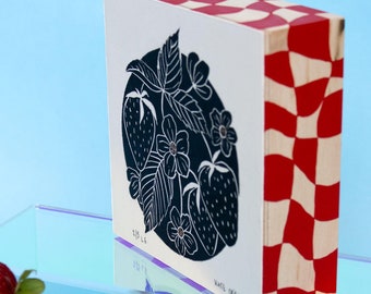 Mounted 'Sweet Summer' block print strawberry artwork 5x5" with hand painted sides