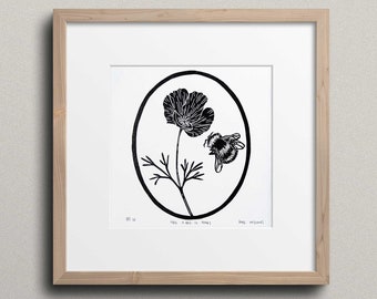 California Poppy Bumblebee Print: Hand Carved Lino Cut Artwork