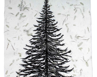 Untitled Tree; 12x18" paper with real botanical bits, hand carved block print wall artwork