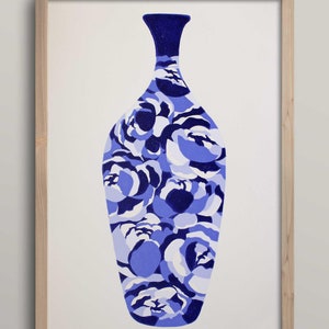 Vessel: floral vase hand carved lino reduction block print artwork 12x18&quot;