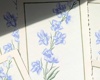 Delphinium Blue Floral Linocut Reduction Print 9x12" wall art