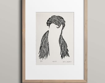 Mullét: Mullet wall art block print, 5x7" hand carved hair linocut print
