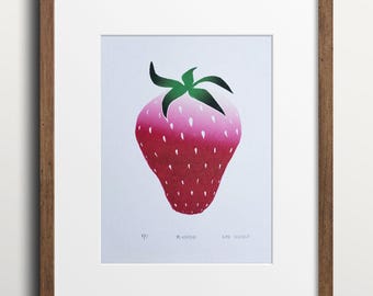 Blushing; 9x12 " strawberry fruit hand carved block print wall art