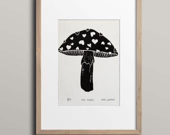 Love Mushie; 5x7" heart mushroom hand carved block print wall artwork