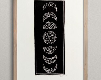 Floral Lunar Phases hand carved linocut, flower moon print wall art, 15x22"